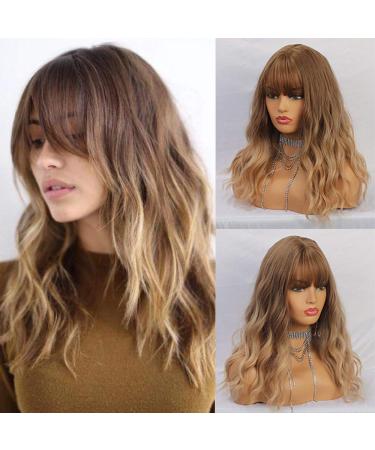 Haircube short charming bob with bangs wigs for woman nature heat -resistant synthetic fiber party/cosplay/costume/daily wig (brown shadow blond) 1942