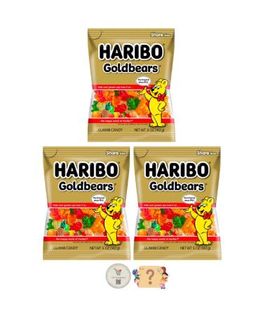 Haribo Gummi Candy - Soft & Chewy Delicious Gummies, (Pack of 3) Share Size Peg Bags + Bonus Mystery Candy (5 oz, Gold Bears)