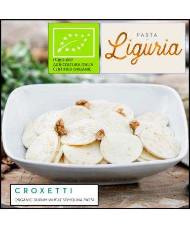 Certified Organic Ligurian Croxetti Coin Pasta from Montoggio, Italy - 17.64 oz (Pack of 2) with Free Premium Rhino Basil Leaves - Buy Online on SooperMarket.com