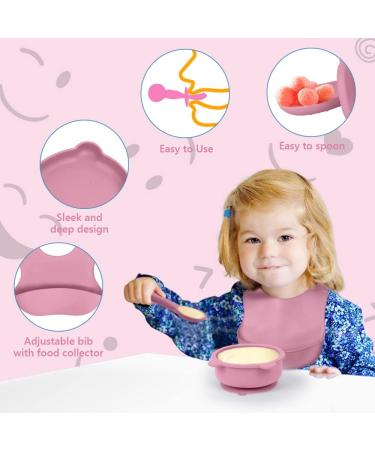 Vicloon Baby Weaning Set 4 Pcs | Silicone Feeding Set with Suction Plate, Bowl, Bib, Spoon & Fork | BPA Free | Toddlers & Kids Bowl Set | Pink Bear Sucker Bowl - Gift for Kids - Buy Online on SooperMarket.com