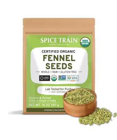 SPICE TRAIN, Fennel Seeds Organic (397g/14oz) 100% USDA Organic Raw Fennel Seed from Rajasthan, India | Anti-inflammatory | Fennel Seeds for Cooking, Smoothies & Lattes | Resealable Zip Lock Pouch