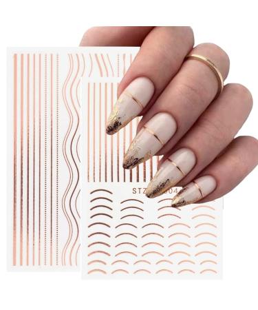 3D Rose Gold Metal Nail Stickers - Self-Adhesive Nail Art Decals for DIY Manicure | 8 Sheets of Stripe Lines & French Tips - Buy Online on SooperMarket.com