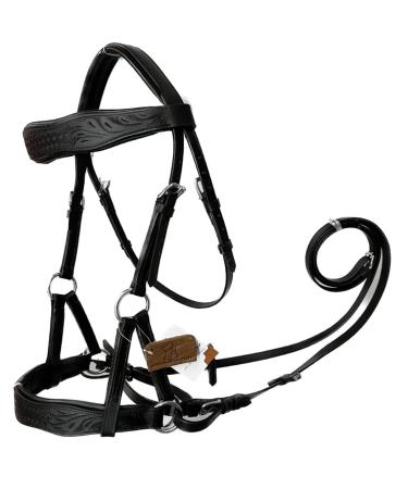 Amazing Horse Stuff Sidepull Discussed bridle with designer hand carving on eyebrow and riding straps curved black (full cob pony)