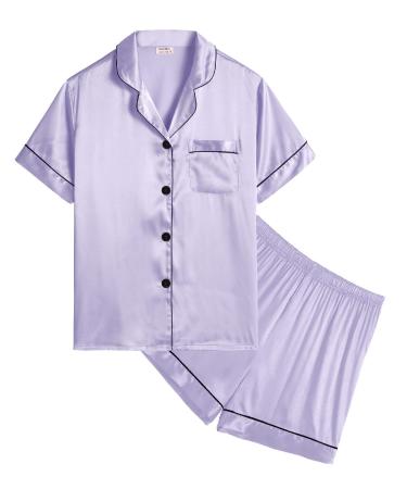 SWOMOG Kids Silk Pyjamas Girls Boys Short Sleeve Satin PJs Sets Button-Down Silky Nightwear Children Sleepwear Teens Age 4-16 4-5 Years Lavender