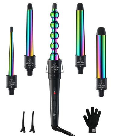 5 in 1 Curling Iron Wand Set Ohuhu Upgrade Curling Waver With 5Pcs 0.35 to 1.25 Inch Interchangeable Ceramic Barrels and Heat Protective Glove for Women Gifts Rainbow Color Idea for Gift