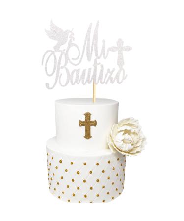 Arthsdite Spanish Mi Bautizo Cake Topper with Glitter Cross Religious God Bless Cake Toppers Picks Holy First Communion Baptism Theme Baby Shower 1st Birthday Party Decorations - Silver Glitter Silver Mi Bautizo Cake Topper