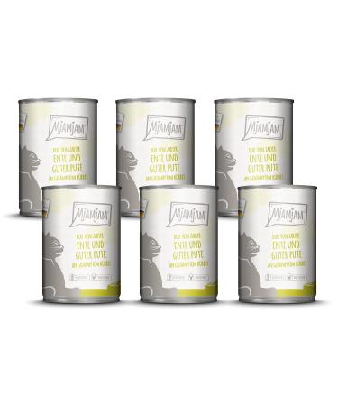 Mjamjam - Premium wet feed for cats - Duo of delicate duck & good turkey on subdued pumpkin 6 -pack (6 x 400 g) grain free with extra meat duck + turkey 400 g (6 Pack)