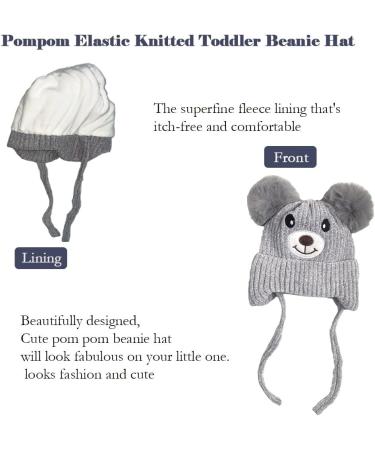 Cute Bear Kids Winter Hat | Dual Pom-Pom Chenille Knitted Warm Hat for Boys & Girls | Fleece Lined Earflap Cap for Toddlers 1-5 Years - Grey - Buy Online on SooperMarket.com