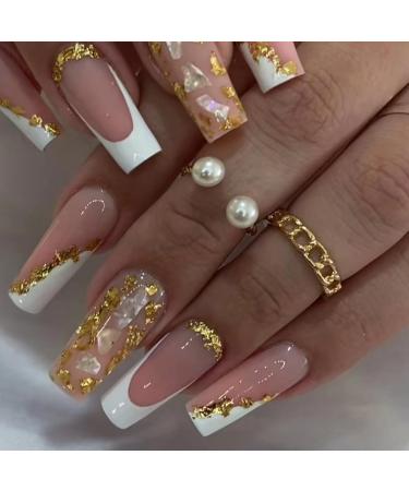French Tip Press on Nails Long - Gold Foil Press on Nails Square Shape Fake Nails Shiny Glossy Nude Gel False Nails Reusable Stick on Nails Tips Artificial Nails for Women and Girls 24 pcs Press on Nails 2