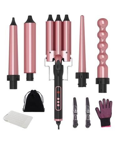 Curling Iron- 5-in-1 Curling Wand Set with 3 Barrel Hair Waver Ceramic Curling Iron Set Curling Tongs Interchangeable Waver Curling Wand for Long/Short Hair LCD Display /80-230 C Adjustment Temp Pink