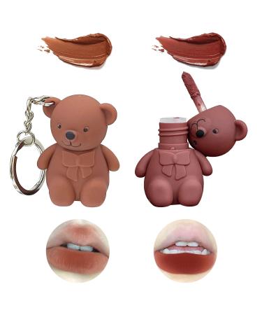 2 in 1 Key Chain Bear Lipstick Mist Matte Velvet Lipstick Waterproof Long Lasting Lip Gloss Cute Bear Beauty Makeup (01+02)