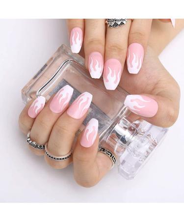 24PCs Flame Coffin Square Acrylic Press-On Nails | Pink Fire Glue-On Fingernails for Women & Girls | DIY Manicure Salon - Buy Online on SooperMarket.com