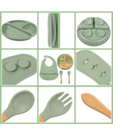 4 Piece Baby Weaning Set: Silicone Suction Divided Plate, Adjustable Bib, Spoon, Fork - Baby Led Feeding Supplies for Baby and Toddlers - Buy Online on SooperMarket.com