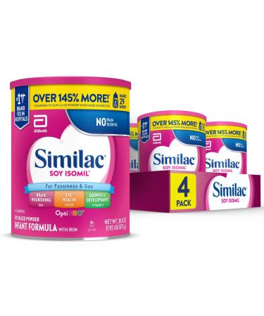 Similac Soy Isomil Infant Formula, for Fussiness & Gas, Plant-Based Protein, Baby Formula Powder, 30.8-oz Value Can, Pack of 4