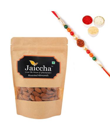 Jaiccha Ghasitaram Rakhi Gifts for Brothers Rakhi Dryfruits - Roasted Salted American/California Almonds 200 GMS in Brown Paper Pouch with Rudraksh Rakhi