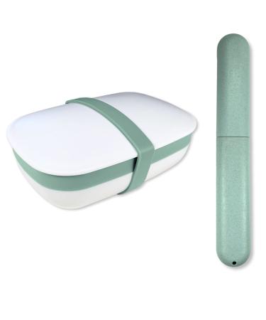 Kiasona Travel Pack(1Toothbrush Case& 1Leakproof Soap Holder with Soap Saver) Soap Bar Box Container with Soap Mat &Large Toothbrush Cover,Use at Bathroom,Camping,School,Gym,Home,Vacation(Green)