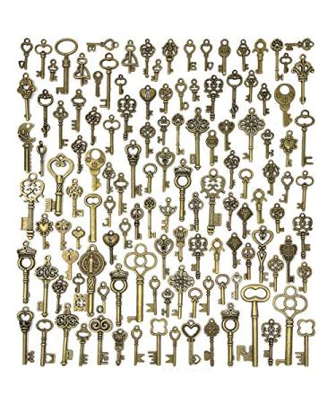 JIALEEY 125 PCS Vintage Skeleton Key Set Charms  Mixed Antique Style Bronze Brass Key Set Charms for Pendant DIY Jewelry Making Wedding Party Favors