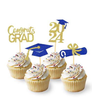 Pack of 24 Glitter 2024 Graduation Cupcake Toppers Graduation Cupcake Toppers Bachelor Hat Decoration Graduation Decoration for Graduation Party Decoration (Blue & Gold)