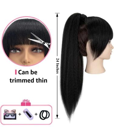Kinky Straight Ponytail Extension with Bangs for Black Women Yaki Straight Wrap Arpund Pony Tail Hair Clip in Ponytail Extension Magic Paste Natural Looking Hair Hairpiece for Daily Party Use (Black) 20 inches Black - Buy Online on SooperMarket.com
