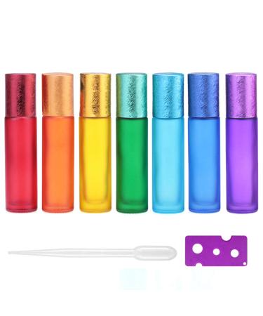 Alledomain 7 pieces 10 ml essential oils roller bottles empty colorful frosted glass bottles for rolling up refillable travel bottles with 1 opener and 1 pipette perfect for aromatherapy scents perfume