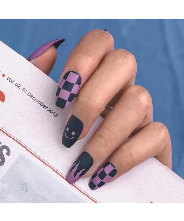 Sethexy medium matt false nails ballerina nails stick rosa coffin false fingernails blue fire nails with glue 24st acrylic art nail tips to press on for women and girls
