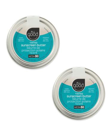 All Good Tinted Mineral Sunscreen Butter for Face Nose Ears - UVA/UVB Broad Spectrum SPF 50 Zinc Oxide Coral Reef Friendly Water Resistant Coconut Oil Jojoba Oil Beeswax Vitamin E (1 oz)(2-pack)