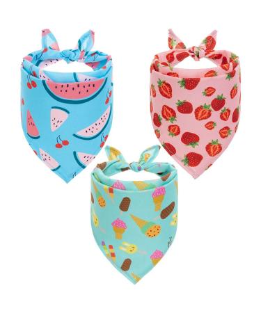 SCIROKKO Hawaii Dog Bandanas 3 Pack - Cute Fruit Print Dog Summer Soft Triangle Scarf Bibs, Durable Pet Kerchiefs Accessories for Dogs Cats, Ice Cream Strawberry Watermelon