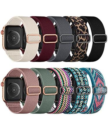 Maledan 10 Pack Stretchy Solo Loop Compatible with Apple Watch Band 38mm 40mm 41mm 42mm 44mm 45mm 49mm Women Men Soft Nylon Elastic Braided Strap Wristbands for iWatch Series Ultra/8/7/6/5/4/3/2/1/SE Black/Cactus/Pink/Gray/Wine/Starlight/Boho Green/Green 