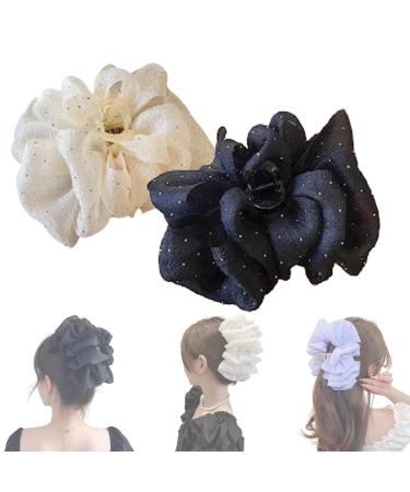 LONGLUAN Bow Bubble Clips Chiffon Silk Bubble Bow Hair Claw Jaw Clip Layered Bubble Mesh Tulle Fluffy Hair Clips Large Claw Clips for Thick Hair (2pcs-B)