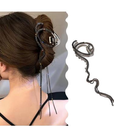Large Claw Clips for Thick Hair Capital Q Hair Clips for Women Hair Accessories Glitter Tassel Metal Clips Snake Rhinestone Design Hair Decorations Supplies Strong Hold Hairpin Jaw Clips 1PCS (Black) claw-black