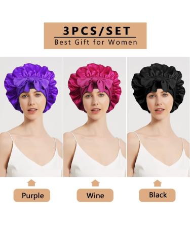 3pc Satin Bonnets for Black Women - Large Silky Bonnet Set in Black, Wine Red, Purple - Buy Online on SooperMarket.com