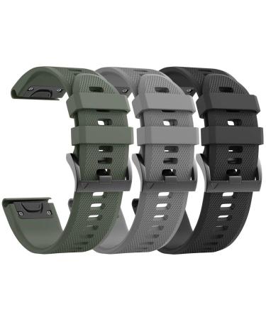 ANCOOL Compatible with Fenix 5 Bands Easy Fit Soft Silicone Watch Bands Replacement for Garmin Fenix 6/Fenix 7/Fenix 5 Plus/Fenix 6 Pro/Approach S62 Smartwatches (Black, Grey, Olive Green) P11