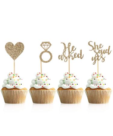 Donoter 48 Pcs Light Gold He Asked She Said Yes Cupcake Toppers Diamond Ring Heart Cake Picks for Wedding Engagement Party Cake Decorations