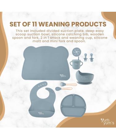 Yum Yum's Silicone Baby Weaning Set of 10 with Suction Bowl, Spoon, Fork & Cup - Blue | Baby Feeding Set for Easy Transition to Solids - Buy Online on SooperMarket.com