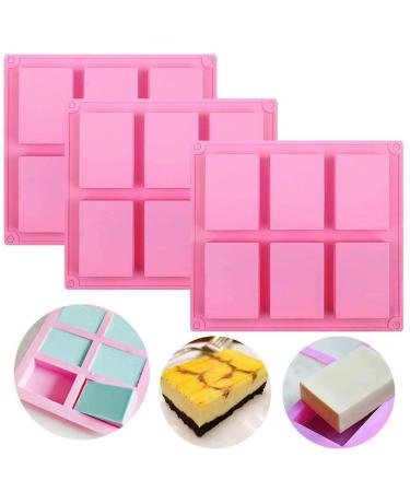 Silicone Soap Molds Set of 3, 6 Cavities DIY Handmade Soap Moulds - Cake Pan Molds for Baking, Biscuit Chocolate Mold, Silicone Soap Bar Mold for Homemade Craft, Ice Cube Tray, Pink