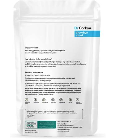 Dr Corbyn Valerian Root 200mg + Magnesium 200mg | High Strength Inner Calm & Sleep Support | Vegan & UK Made 60 Tablets - Buy Online on SooperMarket.com