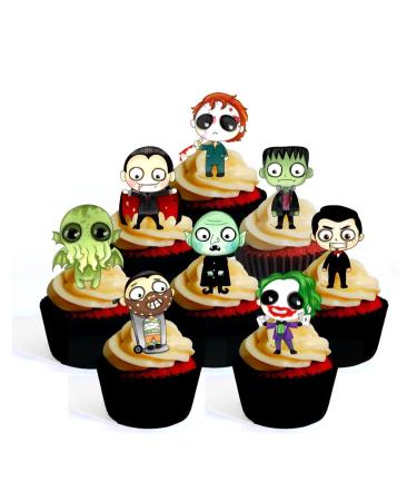 24 Halloween Horror Cupcake Toppers Theme #2 (PRECUT Optional) Edible Cupcake Toppers - Stand Up/Lie Flat/Lie Flat Wafer Cake Decorations (UNCUT Pack of 24)