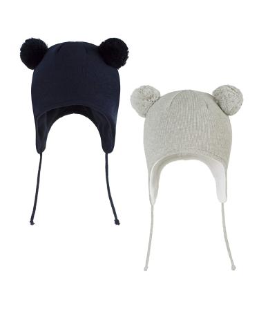 LANGZHEN Toddler Kids Infant Winter Hat Earflap Knit Warm Cap Fleece Lined Beanie for Baby Boys Girls 6-12 Months Classic -Navy+Grey