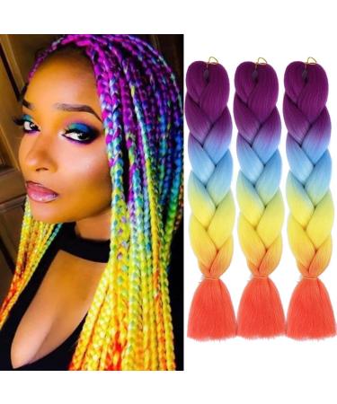 AFNOTE Ombre Rainbow Braiding Hair Extensions 24 Inch 3 Packs Synthetic High Temperature Jumbo Braiding Hair Twist Crochet Braids Hair for Women(Purple/Blue/Yellow/Fluorescent Orange) 24 Inch Purple/Blue/Yellow/Fluorescent…