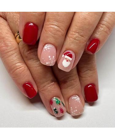 Vatocu Christmas False Nails Short Red Nude Press on Nails Snowflakes Snowman Fake Nails Xmas Acrylic Stick on Nails for Women and Girls(24pcs)