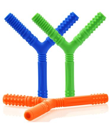 3 Pack Sensory Chew Hollow Teething Tubes Y Style Teether Toys for Babies 3+ Months Baby Kids Boys and Girls Silicone Teether Tubes for Autistic Chewers ADHD Baby Nursing or Special Needs Green Blue Orange