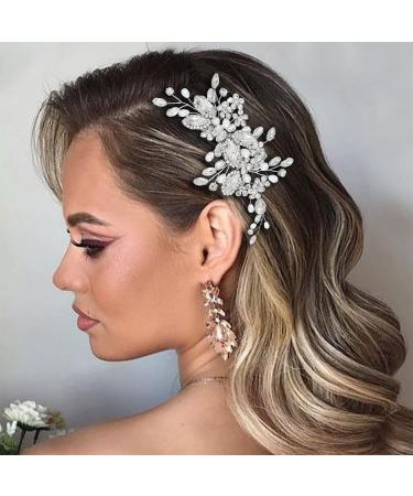 Easedaily Rhinestone Bride Wedding Hair Comb Silver Crystal Bridal Hair Piece Side Comb Pearl Hair Accessories for Women and Girls