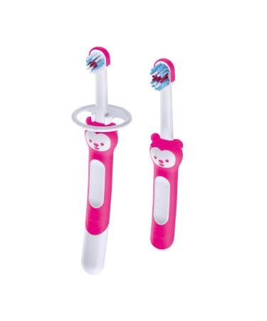 MAM Learn to Brush Set (1 Baby's Brush Toothbrush 1 Training Brush 1 Safety Shield) Baby Toothbrushes with Brushy the Bear Interactive App For Girls 5+ Months Pink