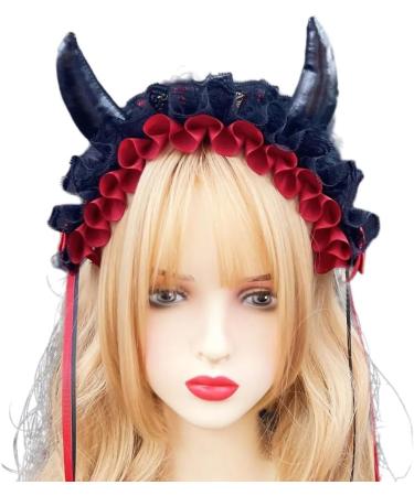 JSGHGDF Creative Spooky Devil Horn Shape Hairband Women Pleated Lace Makeup Skincare Headband for Halloween Photography Hairband Black - Buy Online on SooperMarket.com