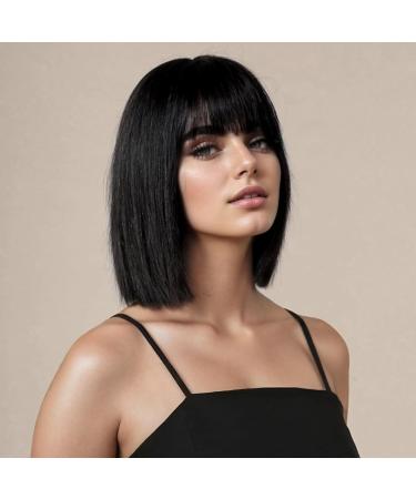 PORSMEER Short Straight Bob Black Wigs with Fringe Shoulder Length Hair Colorful Wig for Women Girls Heat Resistant Synthetic Wig for Cosplay Halloween Party Wig 14 Inch 35cm