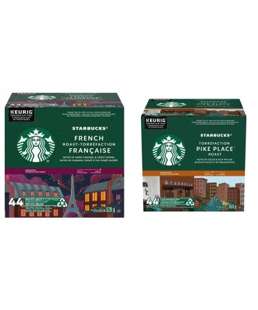 Starbucks French Roast Dark Roast Ground Coffee K-Cup Pods 44 ct Box & Pike Place Medium Roast Coffee Single Serve Keurig K-Cup Pods 44 Capsules