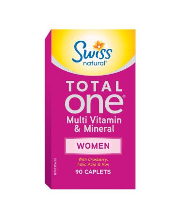Swiss Natural Total One Multi Vitamin & Mineral | Women | With Cranberry Folic Acid and Iron | Daily Maintenance for Overall Health | No Preservatives or Dairy | 90 Caplets