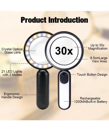 Udbrud Magnifying Glass with Light 30X Handheld Large Magnifying Glass with 3 Modes 21 LED Illuminated Lighted Magnifier USB for Macular Degeneration Seniors Reading Inspection Coins Jewelry Map - Buy Online on SooperMarket.com