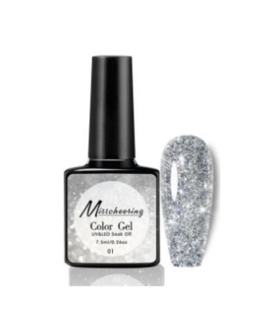 Reflective Glitter Gel Nail Polish Sparkling Shimmery Diamond Soak Off UV Gel Nail Varnish Gel Nail Polish Glitter Nail Art for Women Gift (Silver)