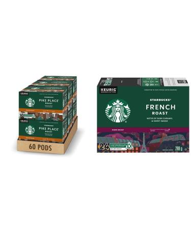 Starbucks Pike Place Medium Roast Coffee Single Serve Keurig K-cup Pods 6 Boxes 60 Capsules & French Roast Dark Roast Coffee Single Serve Keurig K-Cup Pods 24 Capsules